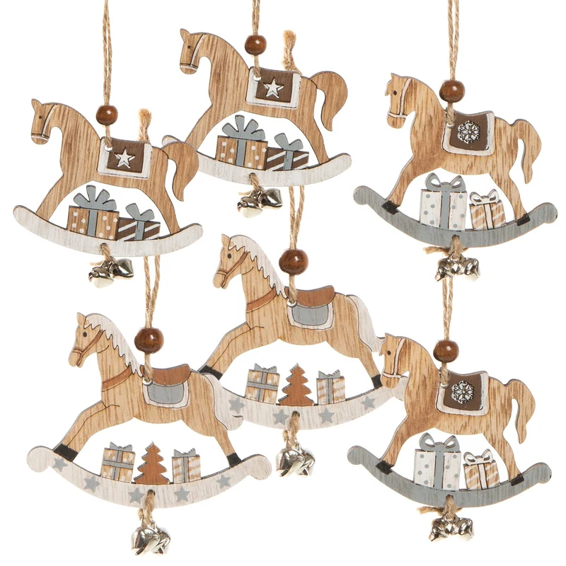 6 Schaukelpferd Weihnachtsanhänger 8 cm mit Glöckchen - grau braun