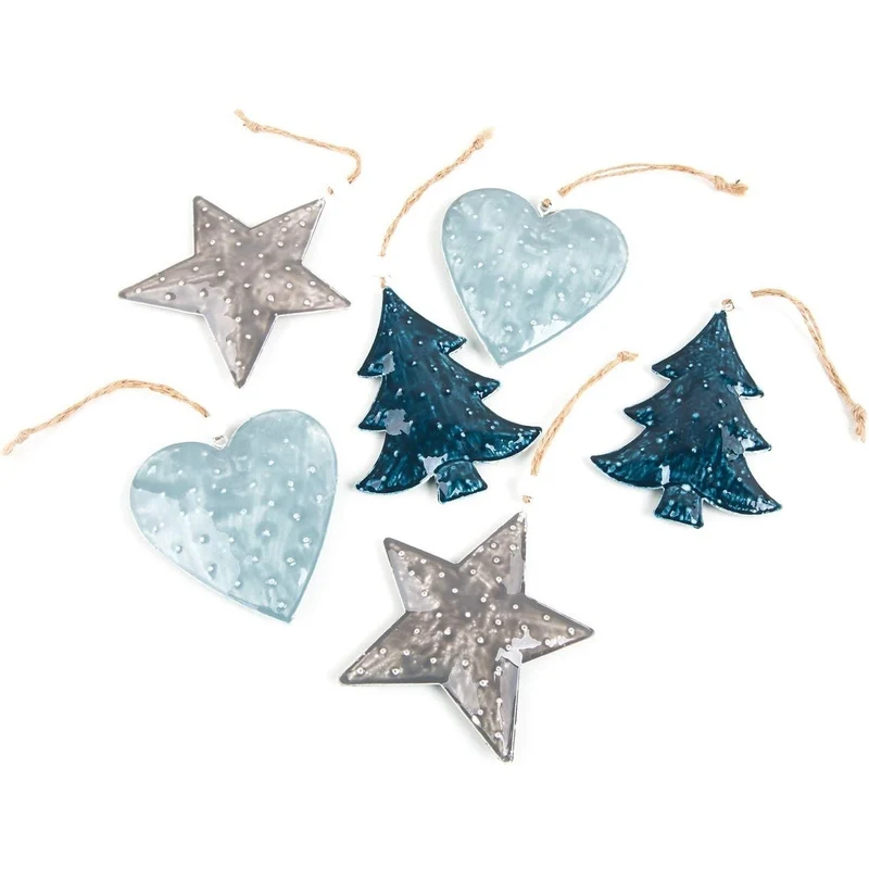 6 Weihnachtsanhänger blau grau Herz Stern Tannenbaum Anhänger 10 cm - kleines Geschenk Deko Weihnachten