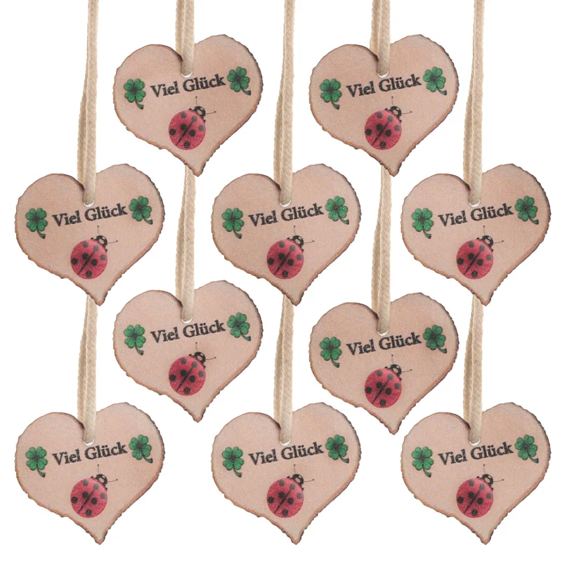 10 Geschenkanhänger aus Holz - Herz mit Text VIEL GLÜCK mit Kleeblatt Marienkäfer als Glücksbringer