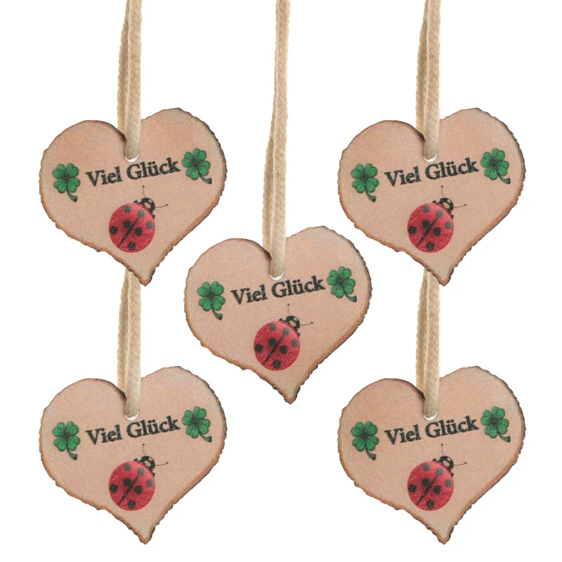 Logbuch-Verlag 5 Herz Geschenkanhänger Text VIEL GLÜCK mit Kleeblatt Marienkäfer als Glücksbringer Glückssymbol Anhänger mit Schnur Silvester Holz