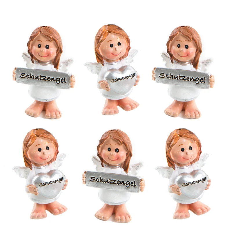 6 Schutzengel Figuren weiß silber mit Herz & Schild Engelanhänger Mini Engel
