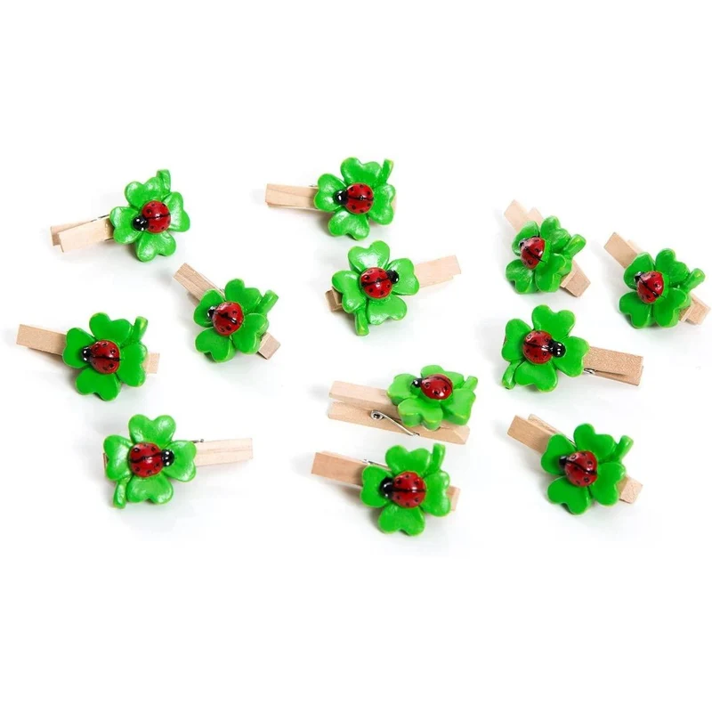 12 Stück grün rote KLEEBLATT mit Marienkäfer 4,5 cm Poly DEKO-KLAMMERN Zierklammern Holzklammern Mini-Wäscheklammern Bastel-Klammern Tüten-Clips Glücksbringer Glücksklee Streu-Deko