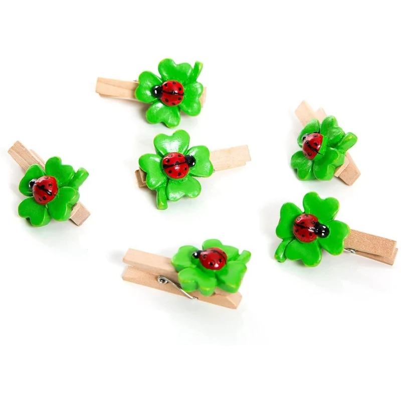 6 Stück grün rote KLEEBLATT mit Marienkäfer 4,5 cm DEKO-KLAMMERN Zierklammern Holzklammern Mini-Wäscheklammern Bastel-Klammern Tüten-Clips Glücksbringer Glücksklee Streu-Deko