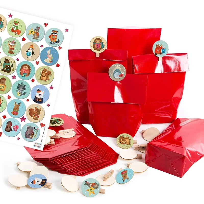 24 Adventskalendertüten für Kinder mit Aufkleber + Holzklammern rot bunt Tiere Motiv - DIY Adventskalender
