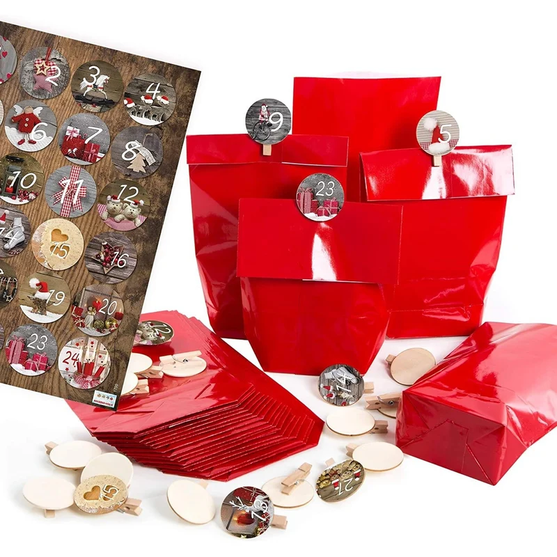 24 Adventskalendertüten zum Befüllen rot mit Aufkleber Zahlen Klammer aus Holz - DIY Adventskalender Tüten
