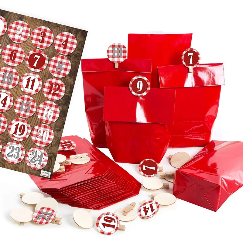 24 DIY Adventskalender Tüten 14 x 22 cm zum selbst Befüllen rot mit Zahlenklammern