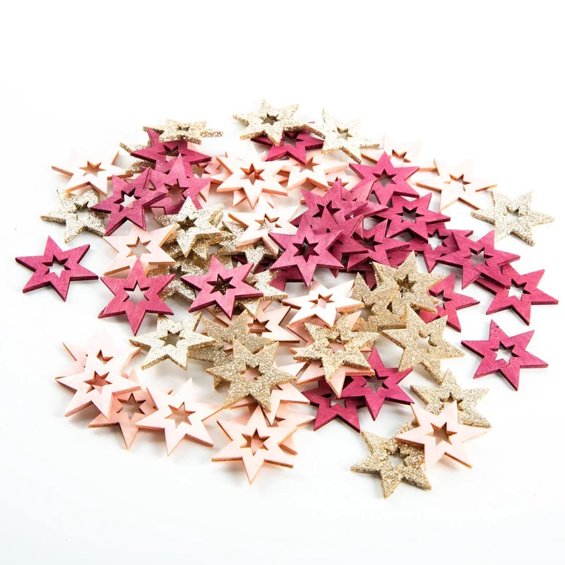 70 Mini Holzsterne in rosa pink & gold - Sterne aus Holz als Bastelmaterial Weihnachten