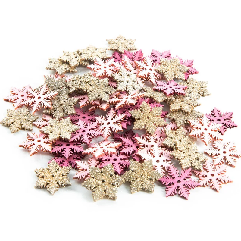 70 Mini Schneeflocken aus Holz 4 cm rosa pink gold - kleine Eiskristalle zum Basteln & Verzieren