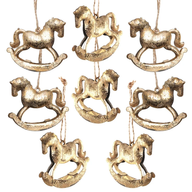 8 goldfarbene Schaukelpferd Weihnachtsanhänger aus Metall 6 cm