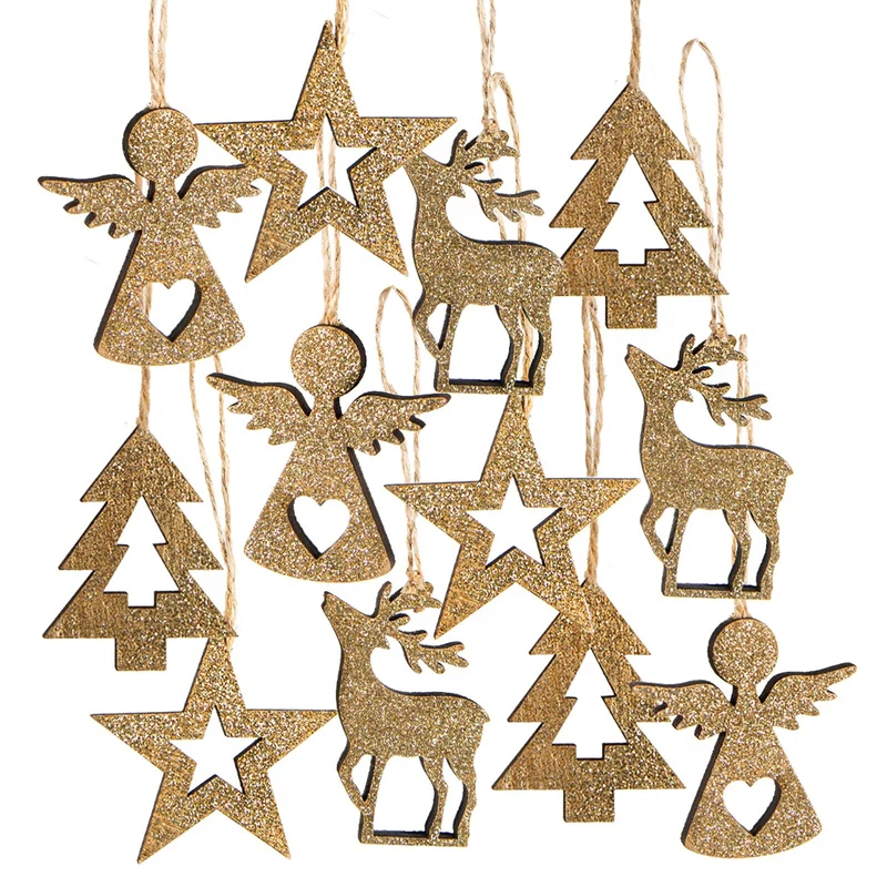 12 Anhänger Weihnachten Deko Set zum Aufhängen Holz Gold Glitter Herz Baum Stern Rentier Vintage