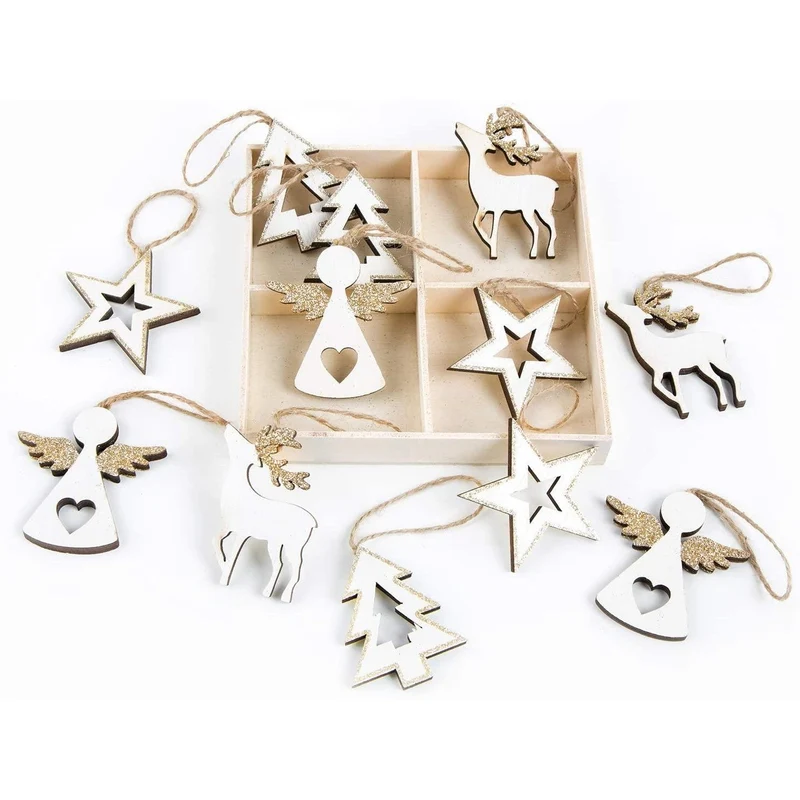 12 Holzanhänger Weihnachten Baumschmuck weiß gold