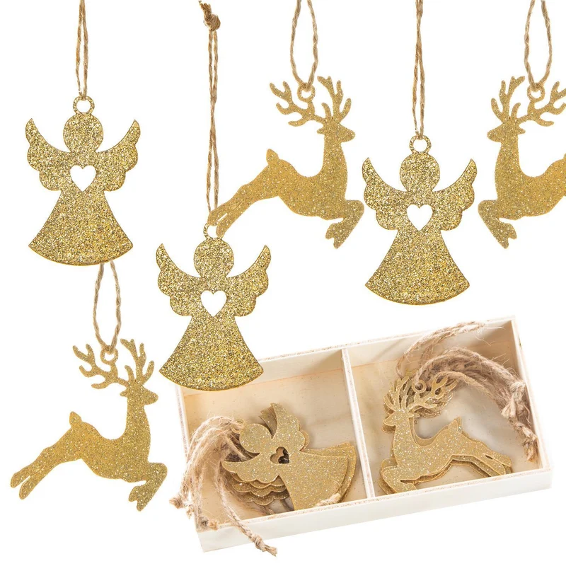 Weihnachtsdeko Set 24 Metallanhänger gold glitzernd Engel + Hirsch 5 cm