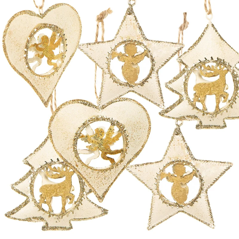 6 edle Anhänger zu Weihnachten in Gold und weiß Metallanhänger Baumschmuck aus Blech 7 cm
