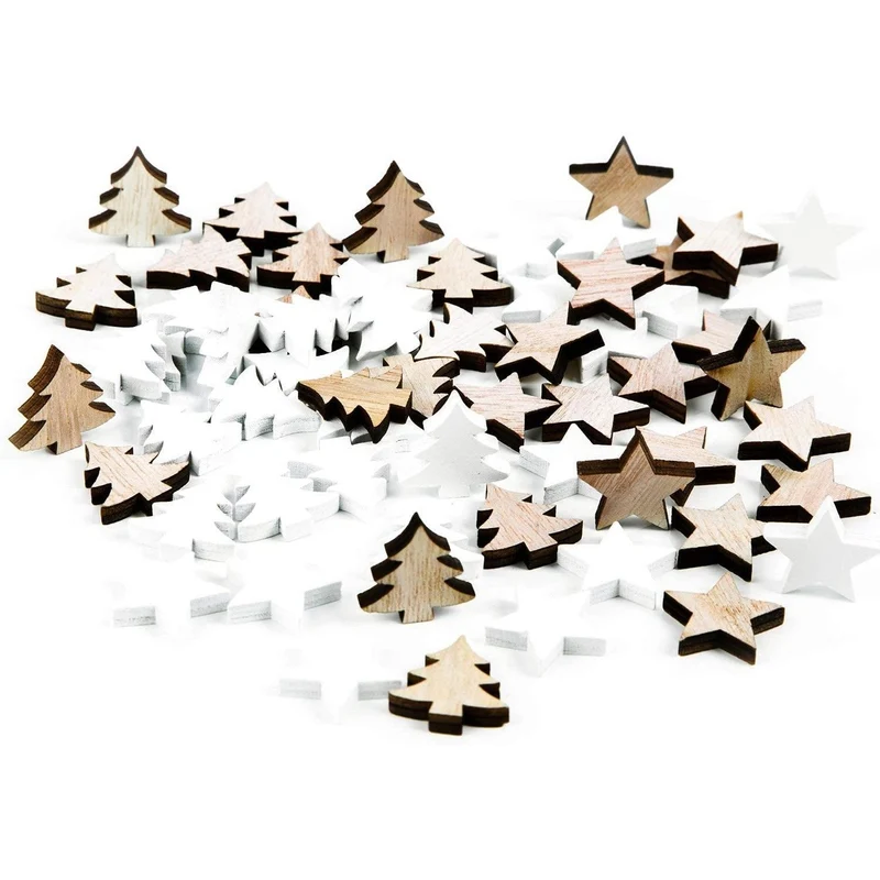 56 kleine Streuteile Baum + Stern 2,5 cm weiß & braun