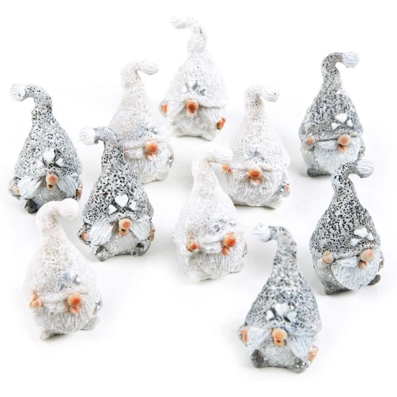 10 Mini Wichtel Figuren 4 cm - Weihnachtswichtel grau weiß glitzernd