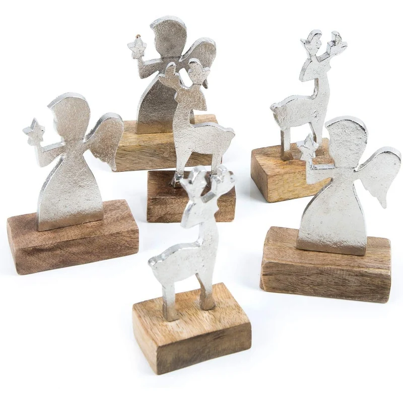 6 Metallfiguren Weihnachten Deko Figur silber braun Engel + Rentier auf Mangoholz Sockel 10 cm