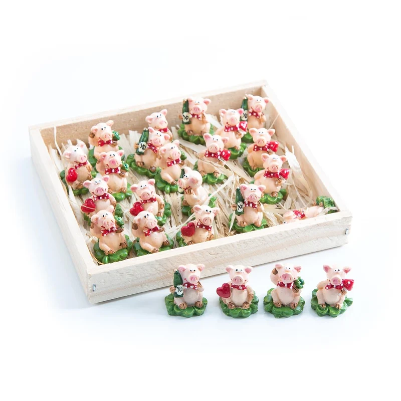 24 kleine Glücksschweine auf Kleeblatt rot grün 2,5 cm - Mini Glücksschweinchen in Box