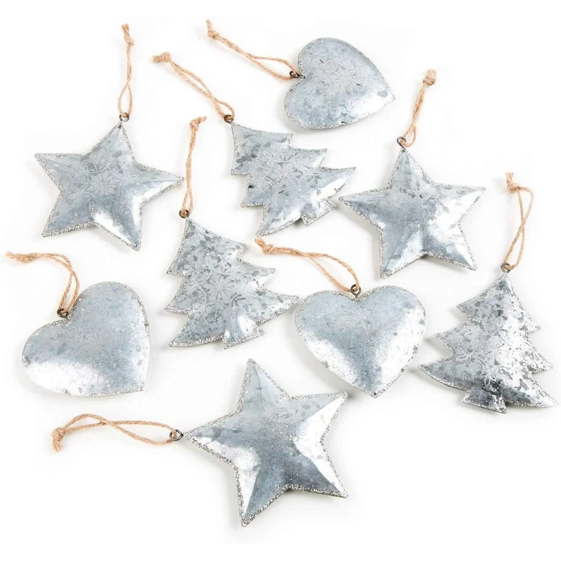 9 Blechanhänger Herz Baum Stern Metall Anhänger Weihnachten Silber Vintage