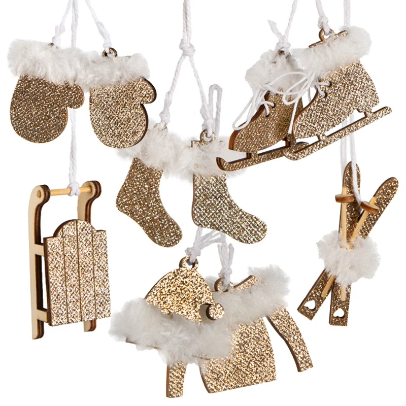 Weihnachtsanhänger Set Schlittschuhe Schlitten Gold glitzernd 6 Christbaumanhänger