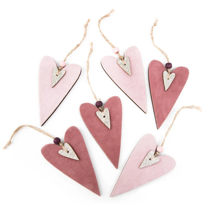 Logbuch-Verlag 6 Herzanhänger rosa pink aus Holz + Stoff - Deko Geschenkanhänger Give-Away Herzen zum Aufhängen