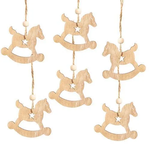 6 Schaukelpferd Anhänger natur braun aus Holz - natürliche Weihnachtsanhänger