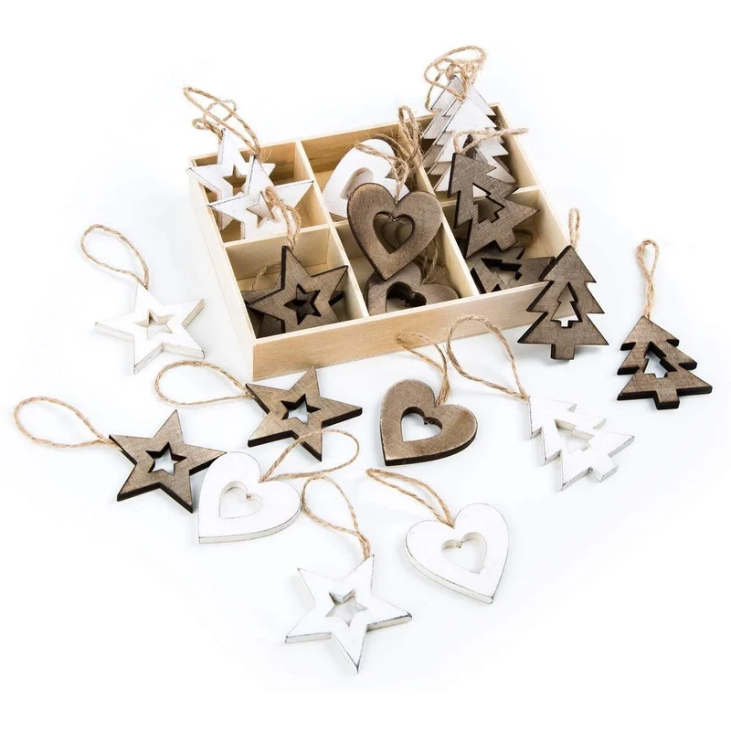 Weihnachtsanhänger Set - 24 Holzanhänger Herz Stern Baum braun weiß
