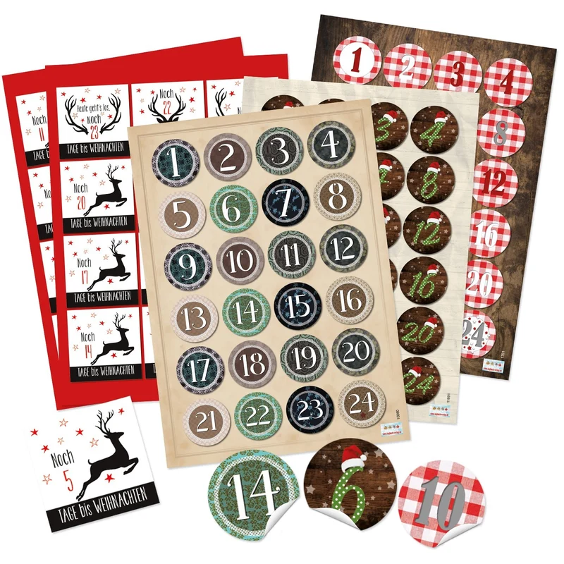 Adventskalenderzahlen Set - 4 x 24 Aufkleber zum Basteln von DIY Adventskalendern