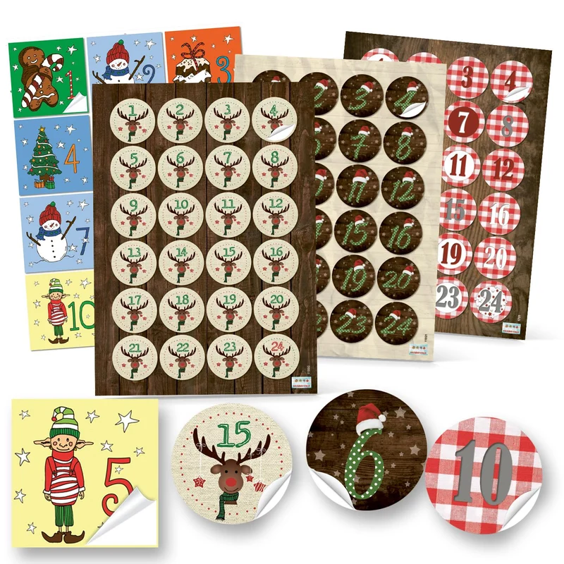 Buntes Adventskalenderzahlen Aufkleber Set mit 4 x 24 verschiedenen Zahlenaufklebern