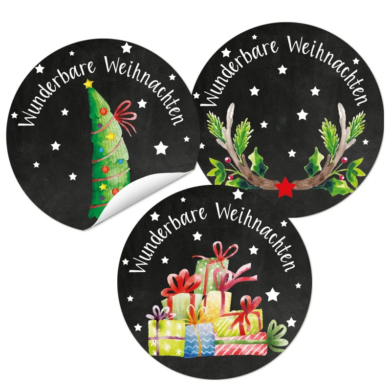 SET 3 x 24 Weihnachtsaufkleber selbstklebend rund 4 cm schwarz bunt