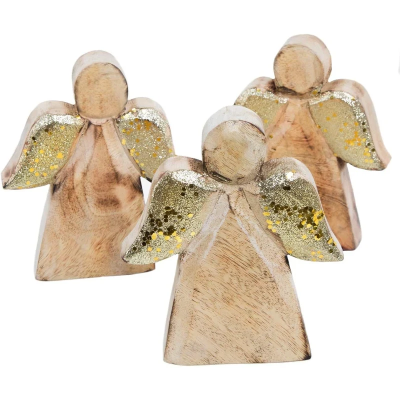 3 Holzengel mit golden glitzernden Flügeln