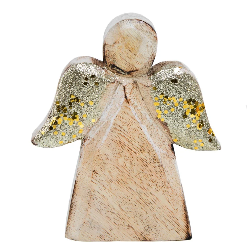 Holzengel zum Hinstellen - Engel Figur aus Mangoholz braun gold