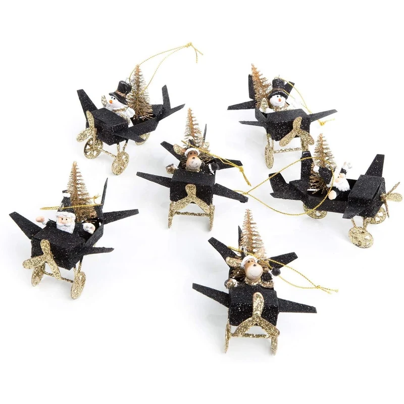 6 Weihnachtsanhänger Flugzeuge mit Nikolaus Rentier Schneemann 10 cm schwarz Gold glitzernd