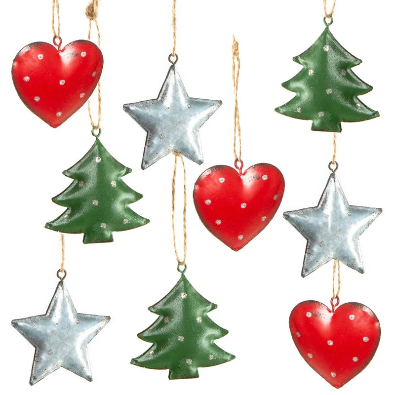 9 Weihnachtsanhänger Herz Baum Stern grün rot silber Baumschmuck aus Metall