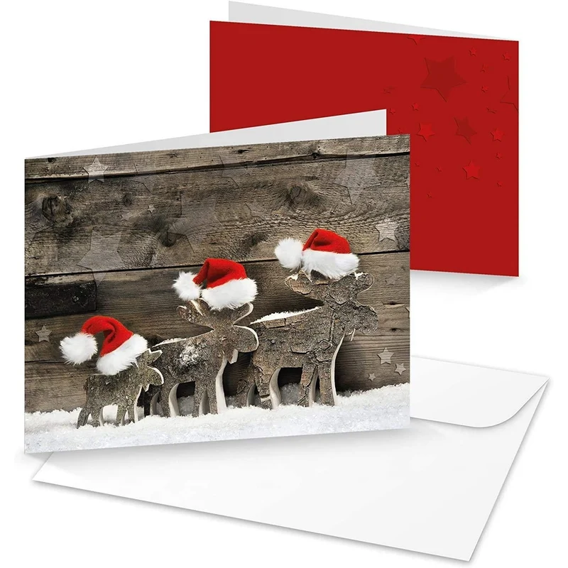 Logbuch-Verlag 3 Weihnachtskarten Rentiere Holzoptik rot weiß - Din A6 quer leere Karten zum Beschriften & Bedrucken - Grußkarte Weihnachten