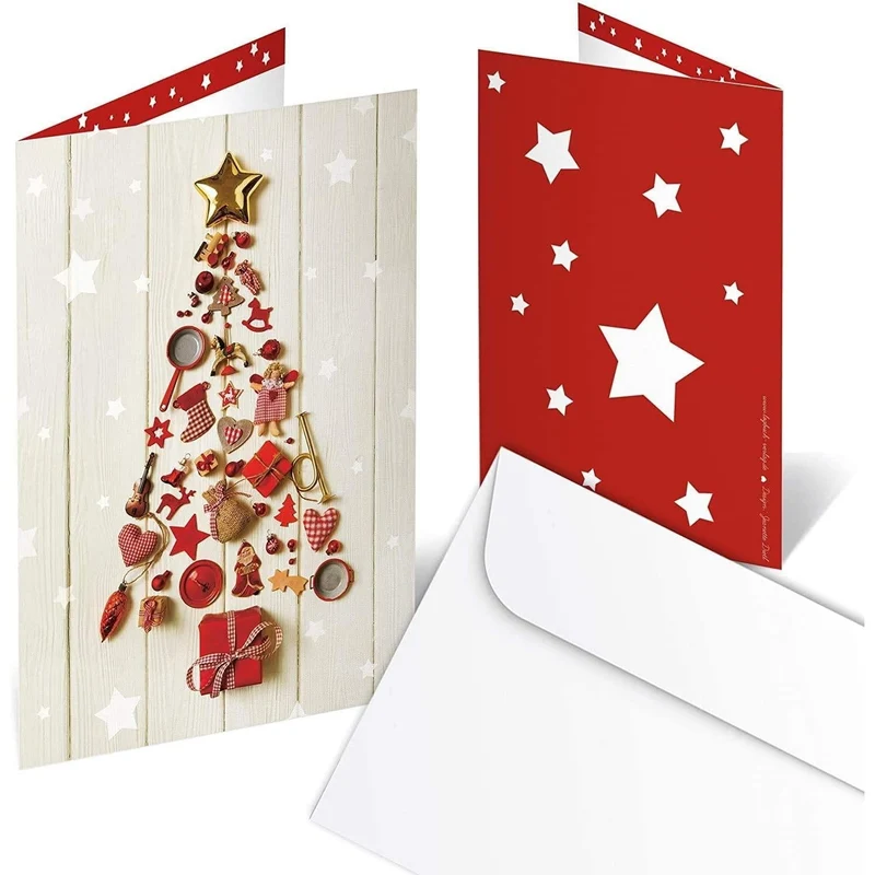 Logbuch-Verlag 100 Weihnachtskarten zum Beschriften - Grußkarten Klappkarten Weihnachten DIN A6 leer ohne Text - rot weiß Baum Sterne