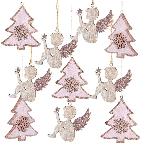 Weihnachtsdeko Set 10 Anhänger - 5 Engel + 5 Bäume rosa Natur weiß - Weihnachtsanhänger