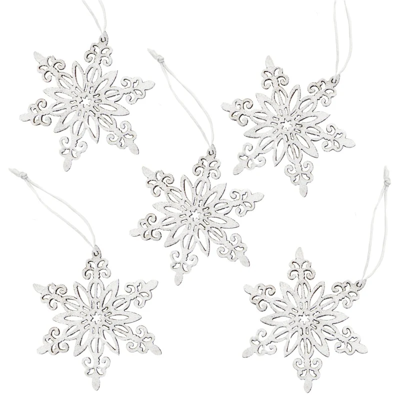 5 Schneeflocken Weihnachtsbaumanhänger aus Holz weiß silber