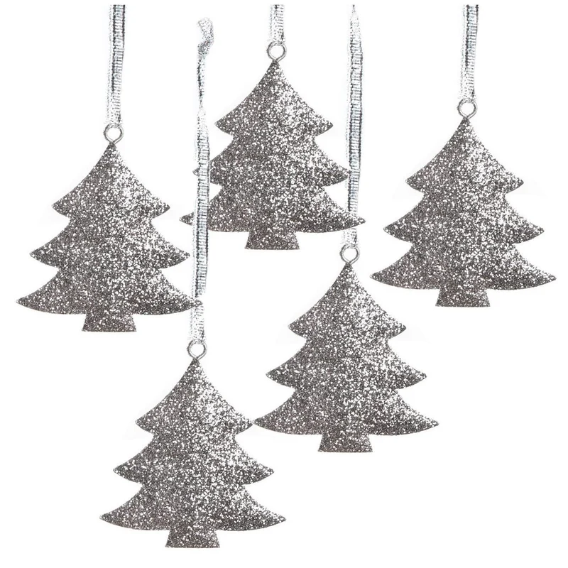 5 Weihnachtsbaum Anhänger Silber glitzernd 8 cm - Metallanhänger Baum - Baumbehang