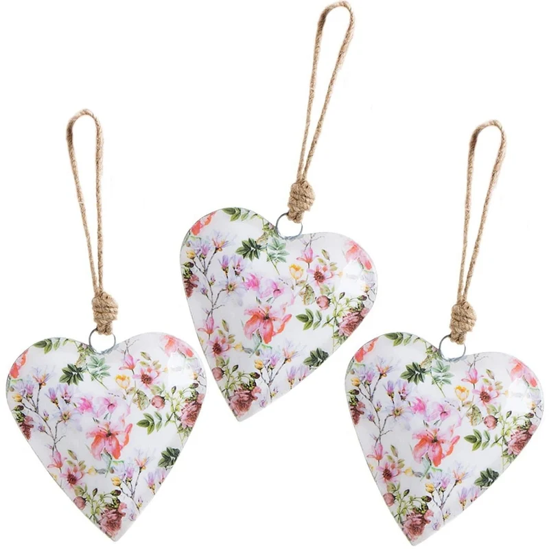 3 Metallherzen mit Blumenmuster & Schnur - 12 cm - vintage Herzen zum Aufhängen