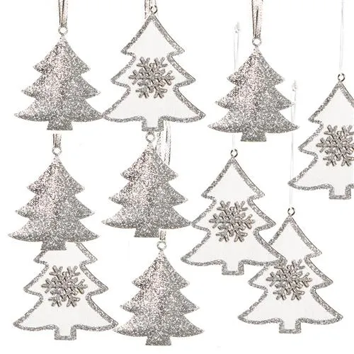 10 Christbaumanhänger Baum Silber weiß mit Glitzer - 5 x Holz + 5 x Metallanhänger