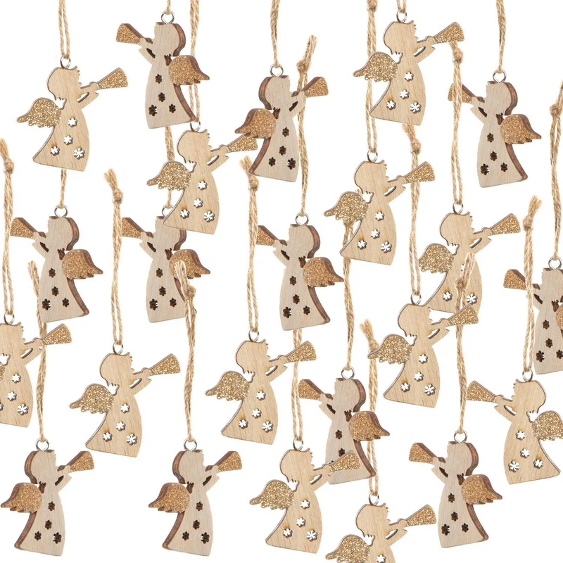 24 Engel Weihnachtsanhänger Natur Gold aus Holz