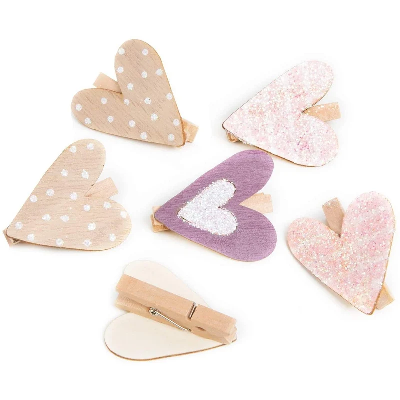 6 Dekoklammern mit Herzen rosa lila beige - Herzklammer aus Holz 4,5 cm - Zierklammer