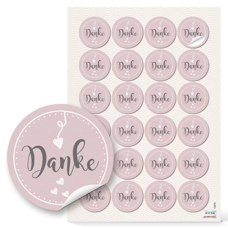 24 DANKE Aufkleber rosa rosé weiß grau HERZ Sticker selbstklebend Geschenk-Verpackung give-away Mitgebsel Gastgeschenk Hochzeit Geburtstag Fest Etiketten shabby chic