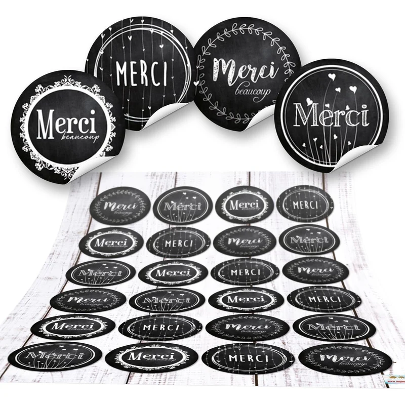24 kleine runde MERCI Danke schwarz weiß Tafelkreide Look Aufkleber 4 cm selbstklebende Sticker Hochzeits-Deko französisch vintage Dankeschön für Gastgeschenk Mitgebsel give-away