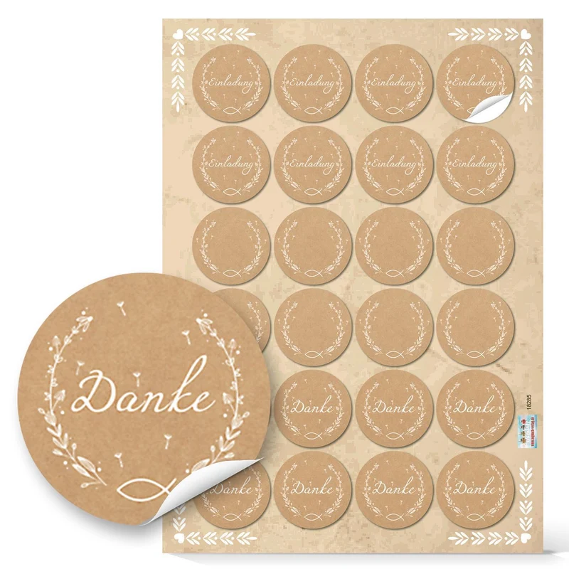 Logbuch-Verlag 24 Aufkleber SET braun weiß EINLADUNG + DANKE + Blanko Sticker Kraftpapier Fisch Motiv - Taufe Kommunion Hochzeit Feier