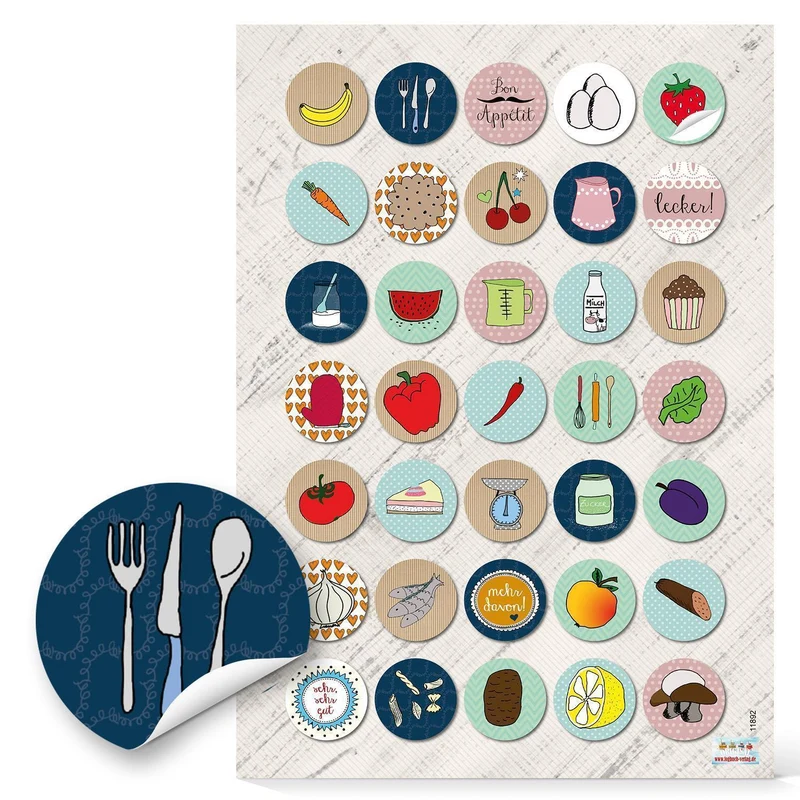 35 Stück kleine runde bunte Kräuter Obst Gemüse Sticker Aufkleber Etiketten 3 cm ESSEN UND KOCHEN zum Dekorieren Verschönern von Rezepten Küche Kochbüchern Gläser Rezeptbüchern retro Design