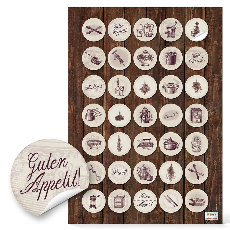 35 Stück kleine runde beige braune Sticker Aufkleber Etiketten 3 cm ESSEN UND KOCHEN zum Dekorieren und Verschönern von Rezepten Kochbüchern Küche Gläser Rezeptbüchern Nostalgie Vintage Design