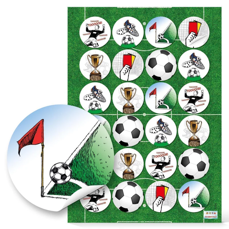 24 Stück Fußball Aufkleber Sticker rund 4 cm Tor gelbe Karte Pokal Ecke Fußballer Fußballschuhe zum Basteln als Geschenkaufkleber für Papiertüten Etiketten zur Deko Weltmeisterschaft