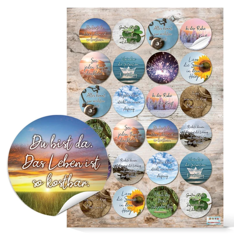 Logbuch-Verlag 24 Sprüche Aufkleber Glück Freude Herz Liebe Freude Angst Zukunft Dankbarkeit Achtsamkeit rund 4 cm Fotomotive