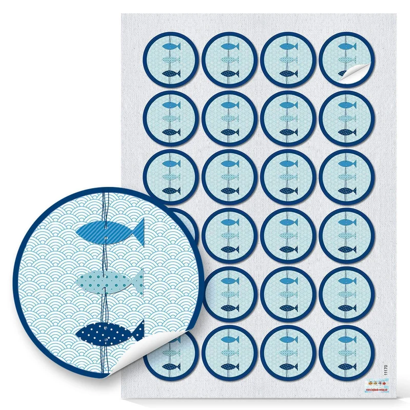 24 runde blau weiß türkise Fische Aufkleber selbklebende Kinderaufkleber Sticker Etiketten maritim hellblau für Kommunion Taufe Geburtstag zum Basteln als Symbol